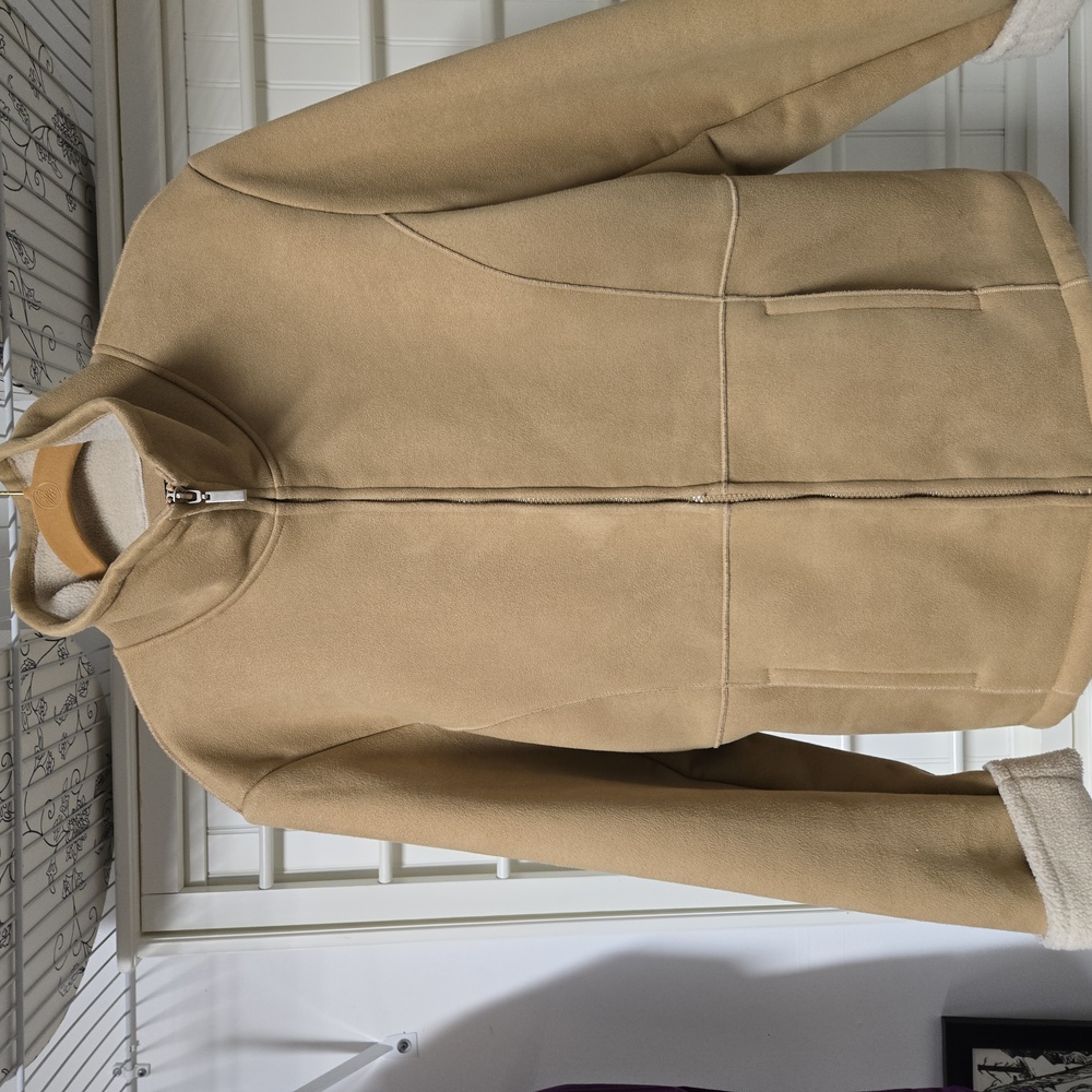 Tan, faux sherpa, walking jacket.
